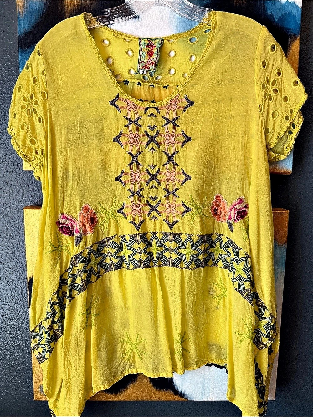 Johnny Was Embroidered Tunic in Yellow Size Small